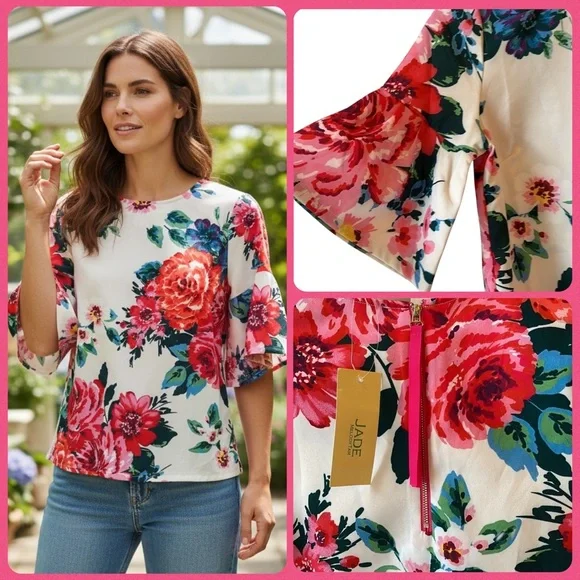 Jade Women's Top - Red and Cream Floral NWT Size XS - Picture 1 of 10